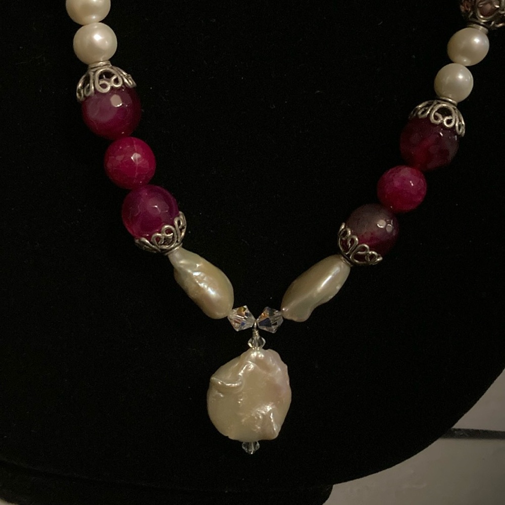 Mother of Pearl and Ruby colored glass beads long necklace . Stunning beauty